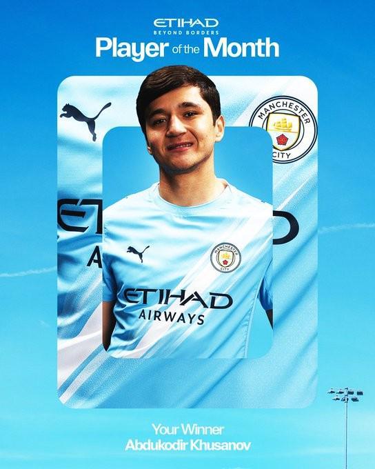 官方：乌兹别克斯坦后卫胡桑诺夫当选曼城3月最佳球员
